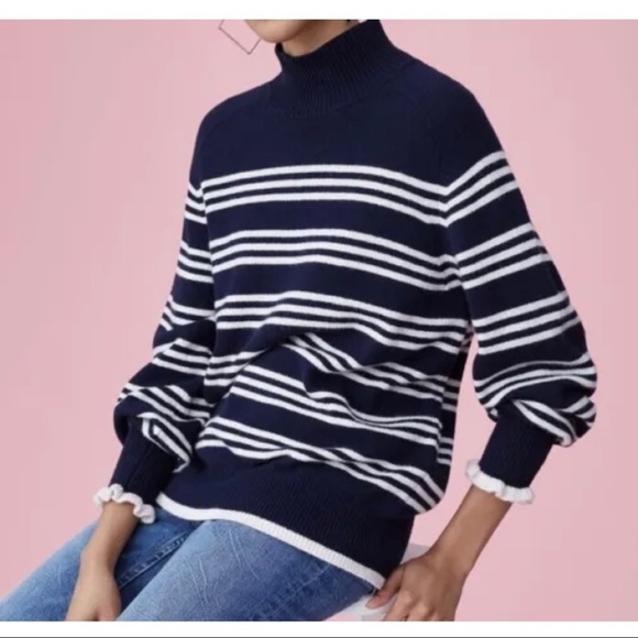 $295 Rebecca Taylor Women Sz XS Navy Blue Striped Merino Wool Turtleneck Sweater - Picture 9 of 13